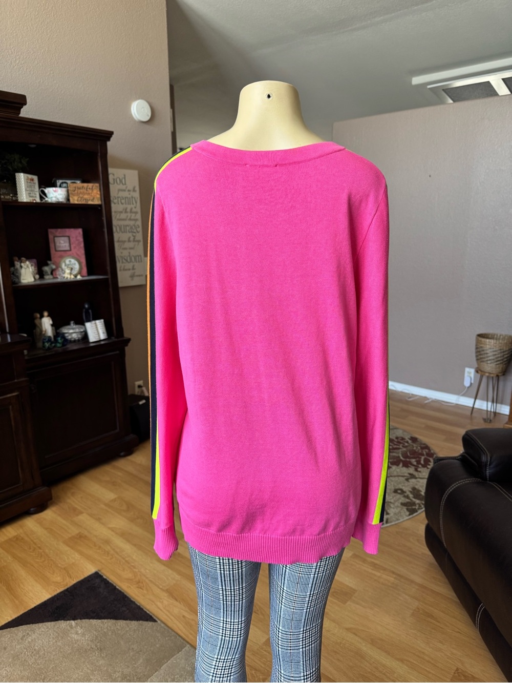 Belle by Kim Gravel Hot Pink Long Sleeve Sweater with Rainbow Sleeve Stripes-L - Picture 9 of 10